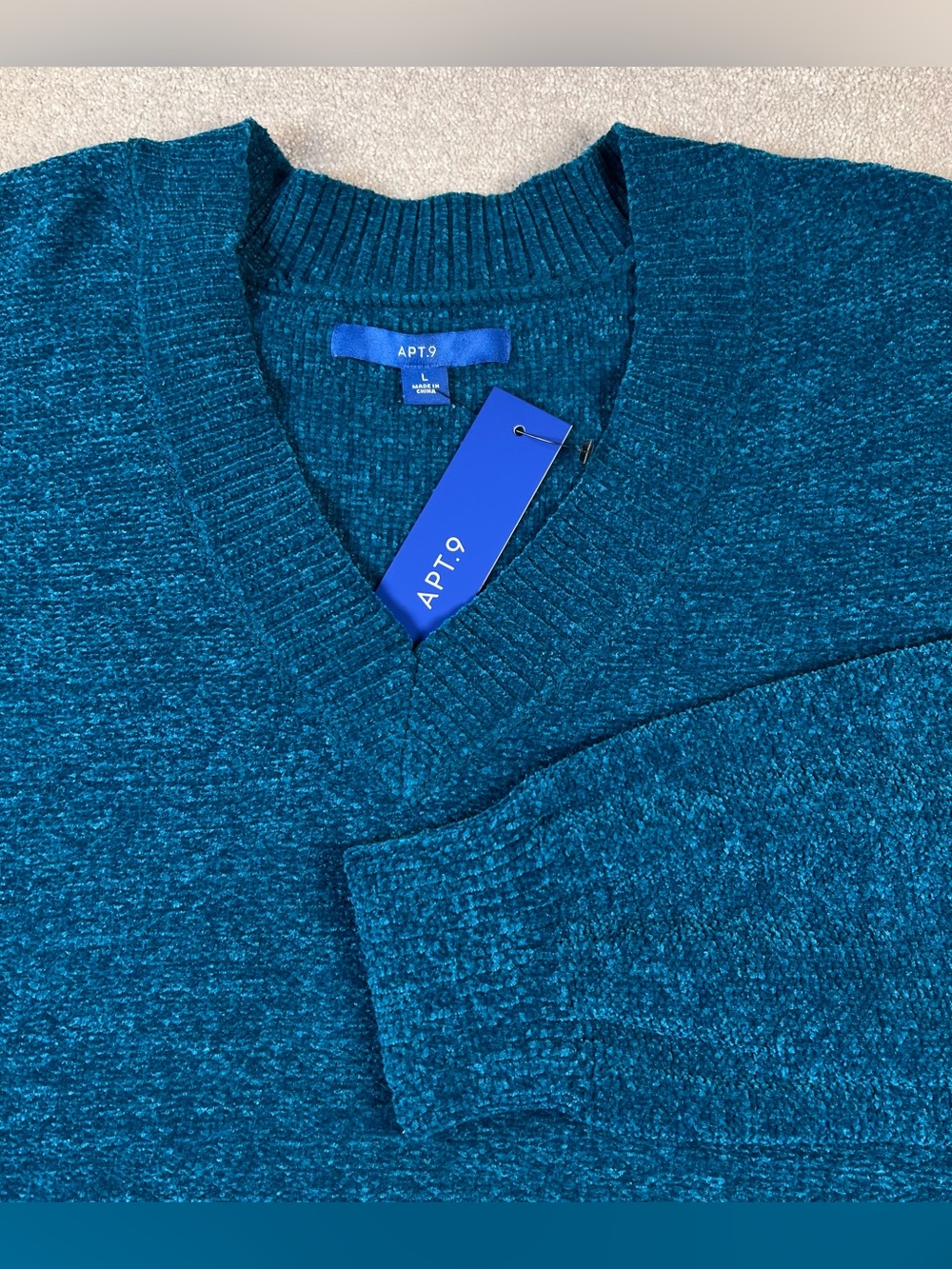 Apt 9 Sweater V Neck Blue Chenille NWT Soft Comfy Pullover Casual Women's Large - Picture 1 of 10